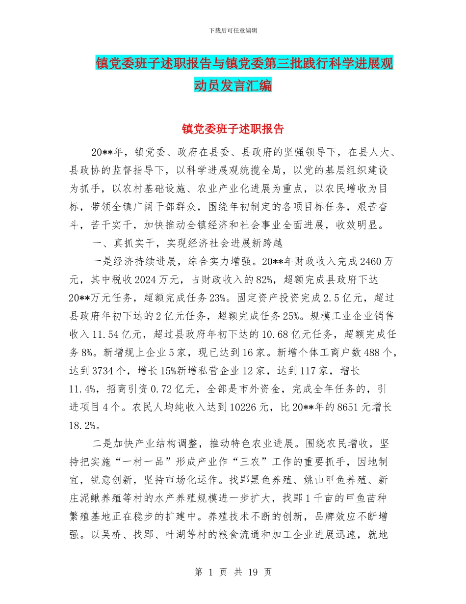 镇党委班子述职报告与镇党委第三批践行科学发展观动员发言汇编_第1页