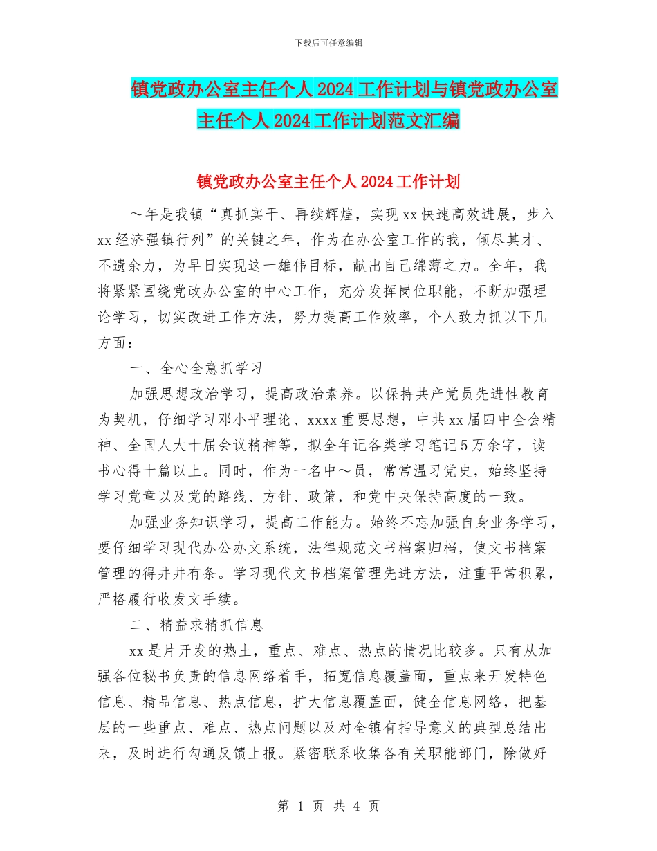 镇党政办公室主任个人2024工作计划与镇党政办公室主任个人2024工作计划范文汇编_第1页