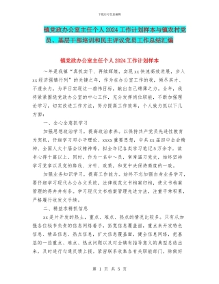 镇党政办公室主任个人2024工作计划样本与镇农村党员、基层干部培训和民主评议党员工作总结汇编