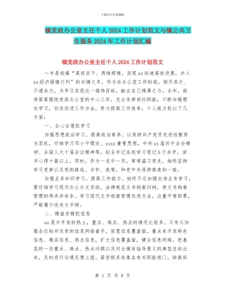 镇党政办公室主任个人2024工作计划范文与镇公共卫生服务2024年工作计划汇编