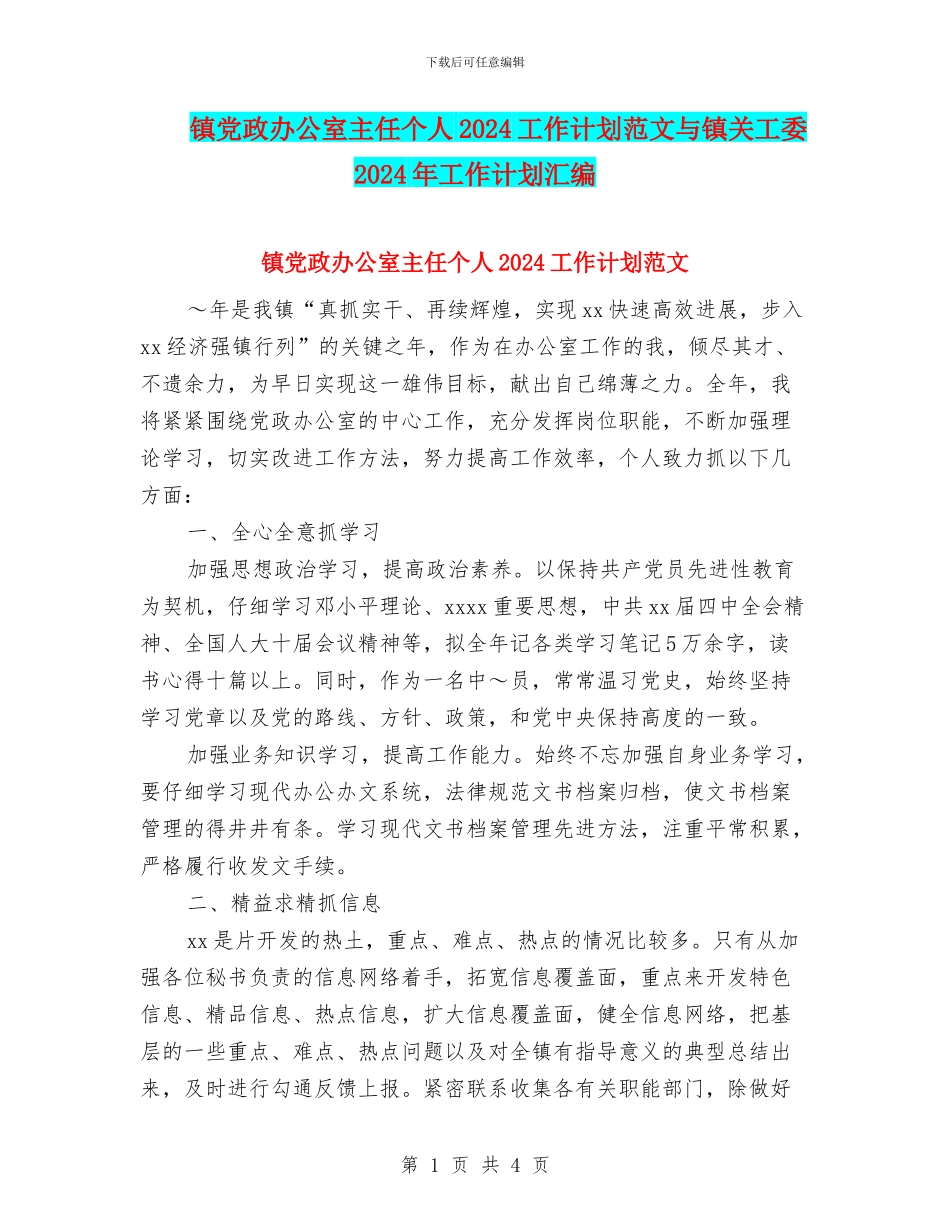 镇党政办公室主任个人2024工作计划范文与镇关工委2024年工作计划汇编_第1页