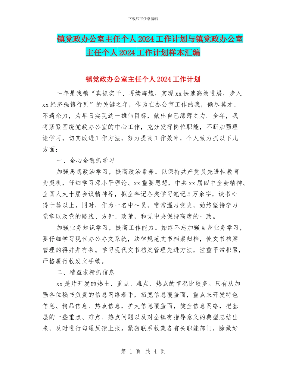 镇党政办公室主任个人2024工作计划与镇党政办公室主任个人2024工作计划样本汇编_第1页