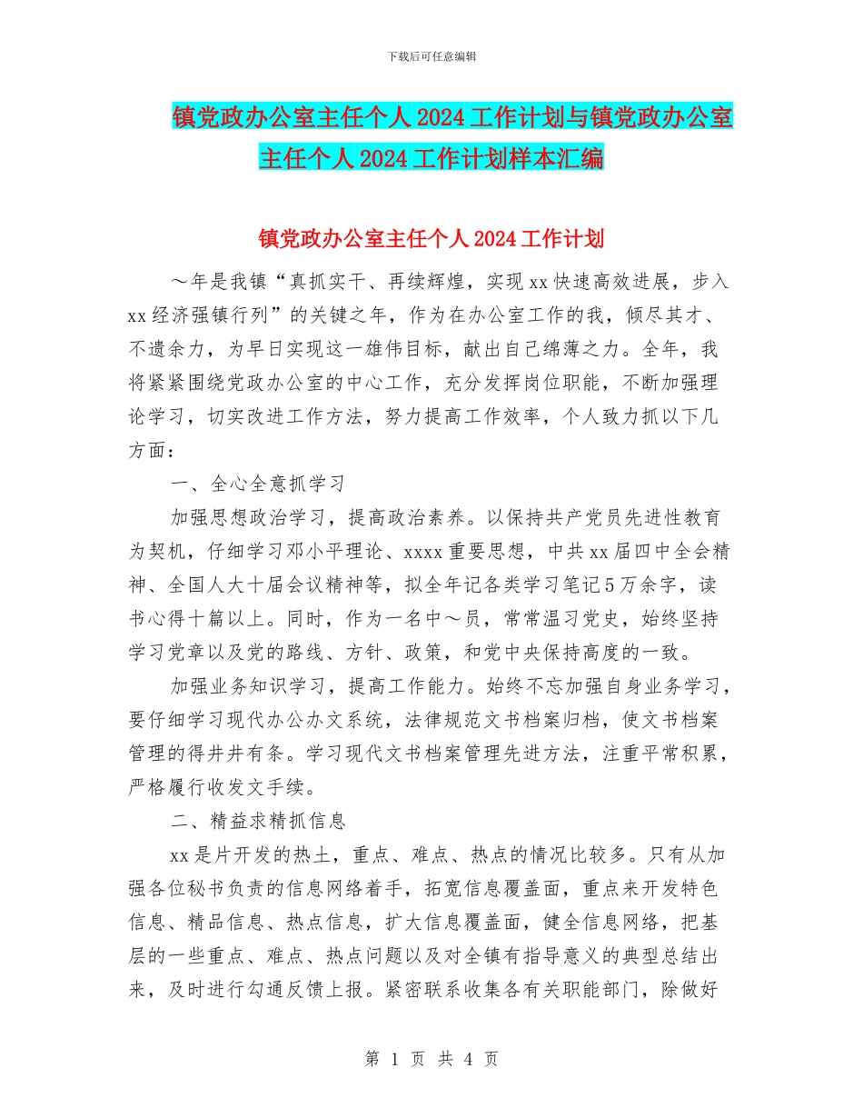 镇党政办公室主任个人2024工作计划与镇党政办公室主任个人2024工作计划样本汇编.doc_第1页