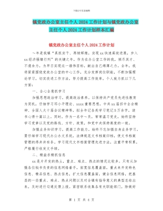 镇党政办公室主任个人2024工作计划与镇党政办公室主任个人2024工作计划样本汇编.doc