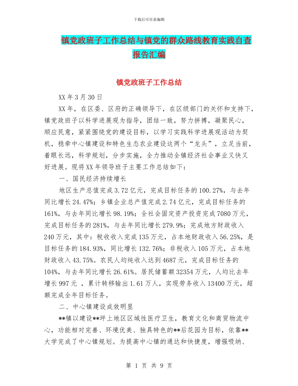 镇党政班子工作总结与镇党的群众路线教育实践自查报告汇编_第1页