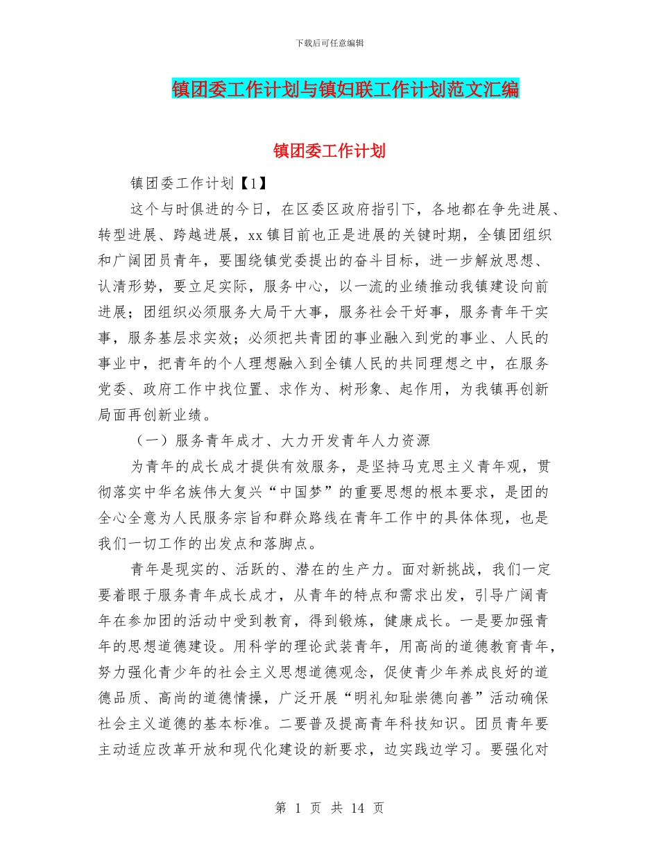 镇团委工作计划与镇妇联工作计划范文汇编_第1页
