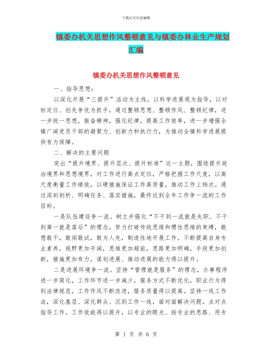 镇委办机关思想作风整顿意见与镇委办林业生产规划汇编_第1页