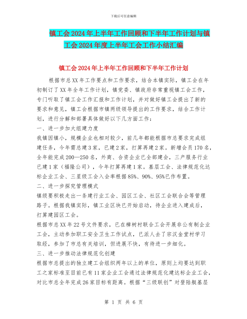 镇工会2024年上半年工作回顾和下半年工作计划与镇工会2024年度上半年工会工作小结汇编_第1页