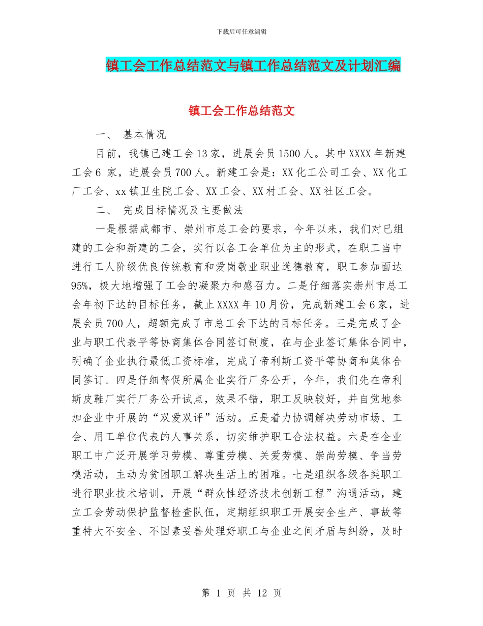 镇工会工作总结范文与镇工作总结范文及计划汇编_第1页