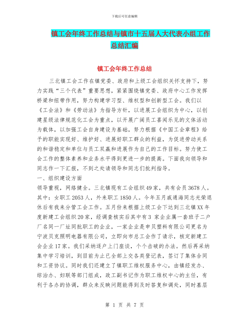镇工会年终工作总结与镇市十五届人大代表小组工作总结汇编_第1页
