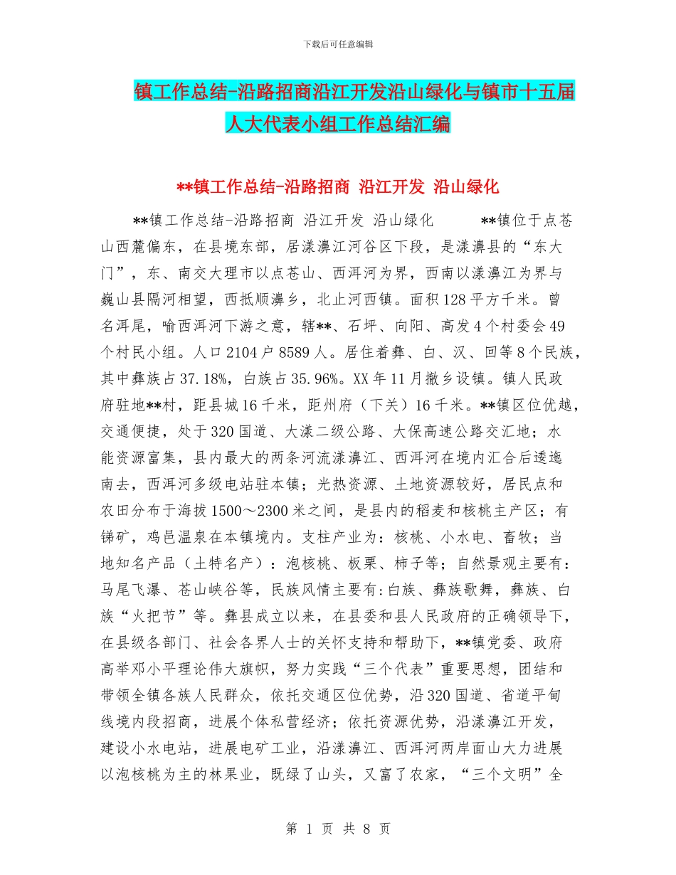 镇工作总结-沿路招商沿江开发沿山绿化与镇市十五届人大代表小组工作总结汇编_第1页