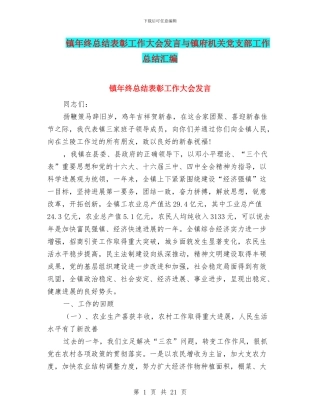 镇年终总结表彰工作大会发言与镇府机关党支部工作总结汇编