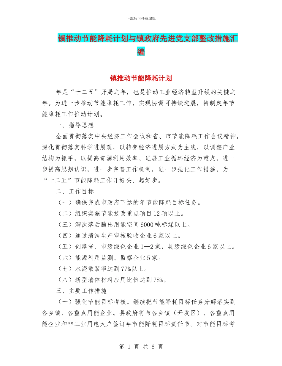 镇推进节能降耗计划与镇政府先进党支部整改措施汇编_第1页