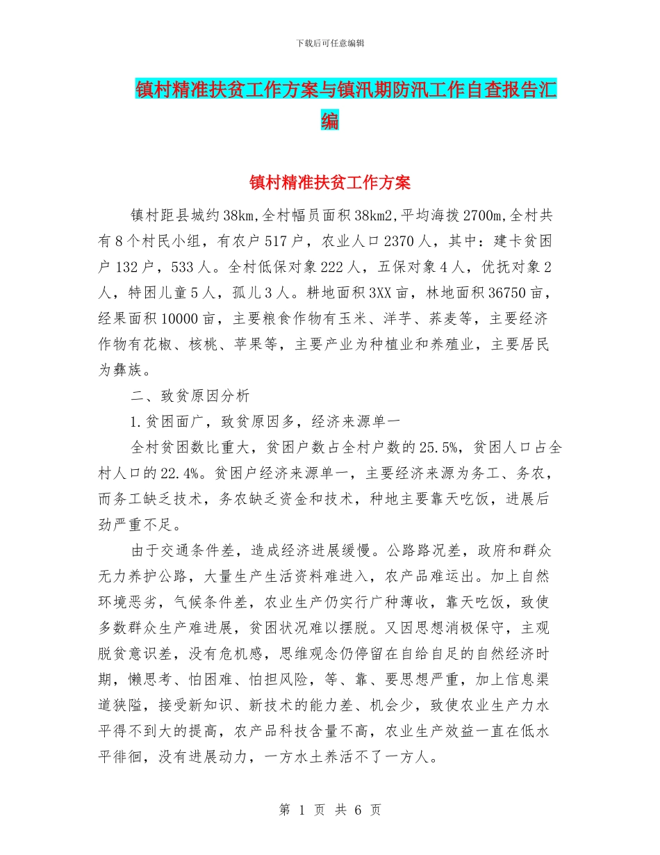 镇村精准扶贫工作方案与镇汛期防汛工作自查报告汇编_第1页