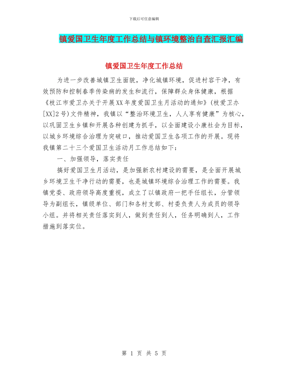 镇爱国卫生年度工作总结与镇环境整治自查汇报汇编_第1页