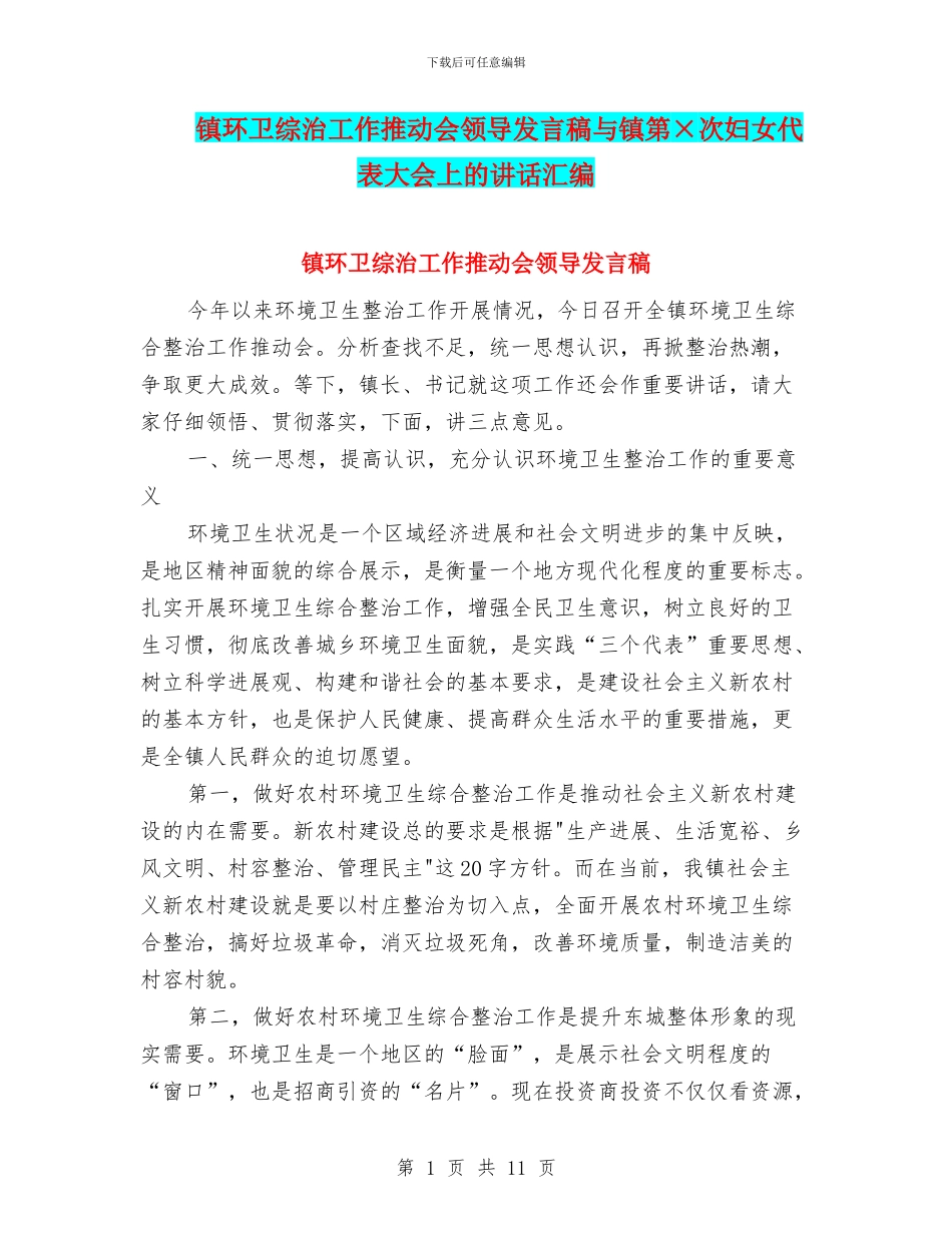 镇环卫综治工作推进会领导发言稿与镇第×次妇女代表大会上的讲话汇编_第1页