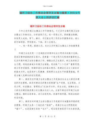 镇环卫综治工作推进会领导发言稿与镇第×次妇女代表大会上的讲话汇编