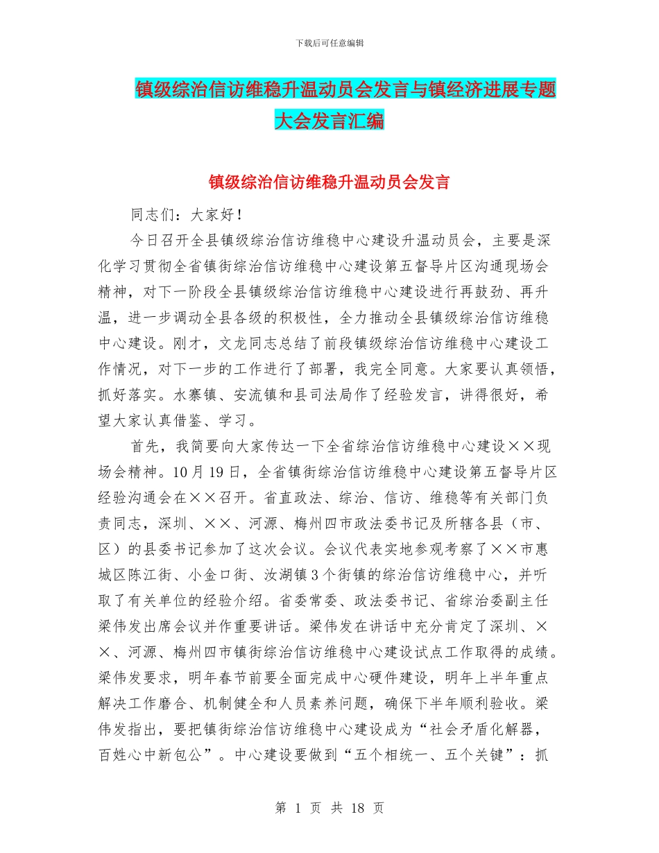 镇级综治信访维稳升温动员会发言与镇经济发展专题大会发言汇编_第1页