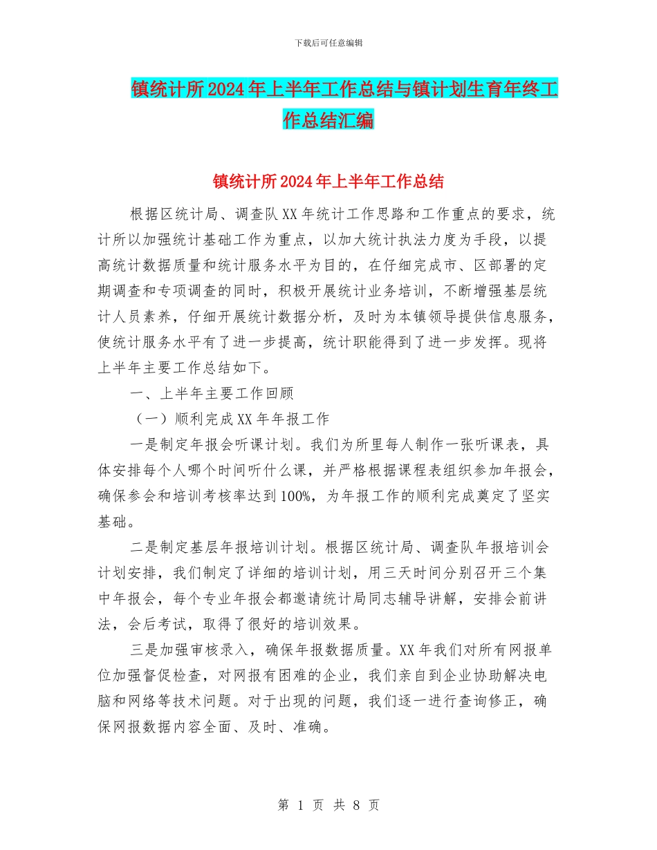 镇统计所2024年上半年工作总结与镇计划生育年终工作总结汇编_第1页