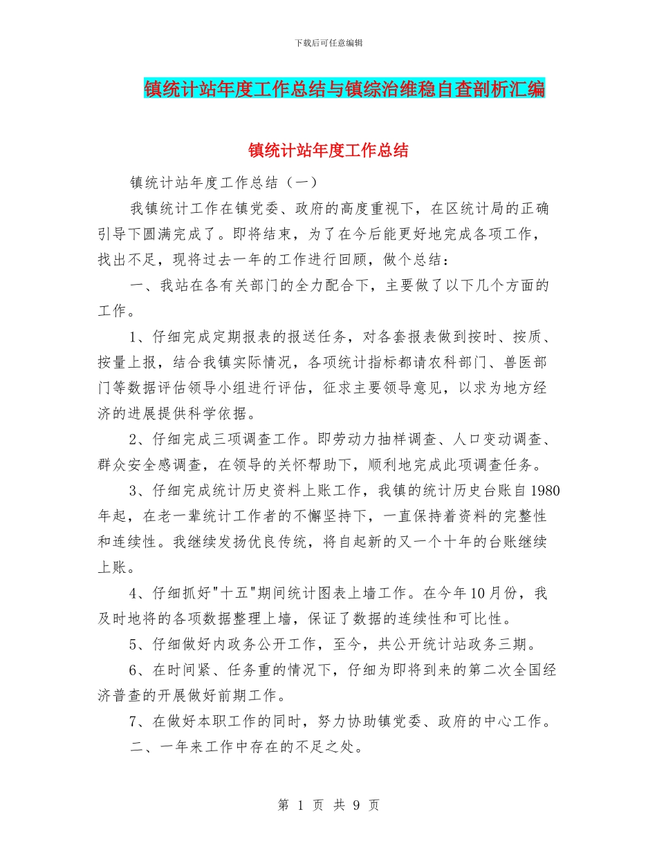 镇统计站年度工作总结与镇综治维稳自查剖析汇编_第1页