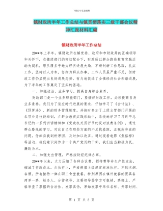 镇财政所半年工作总结与镇贯彻落实三级干部会议精神汇报材料汇编