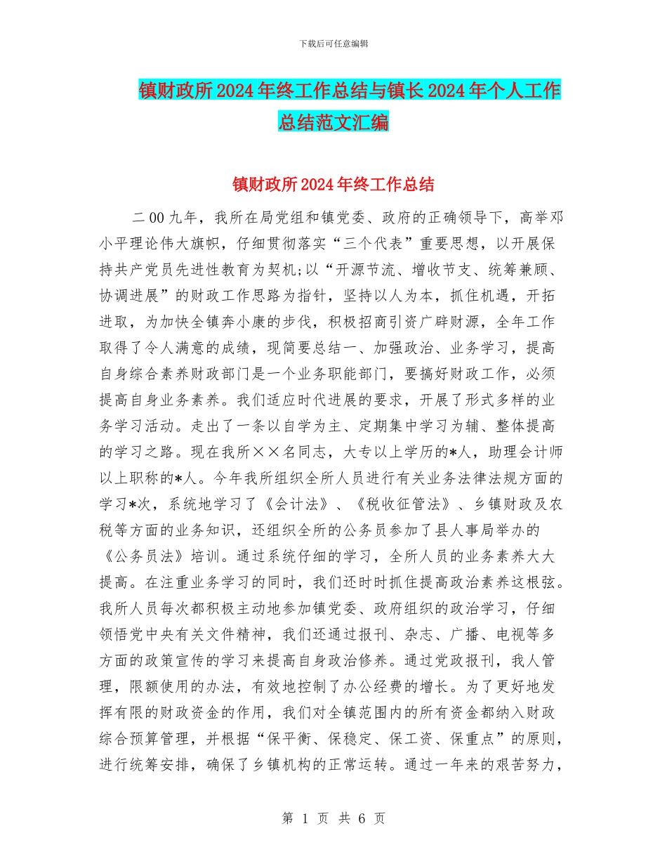 镇财政所2024年终工作总结与镇长2024年个人工作总结范文汇编_第1页