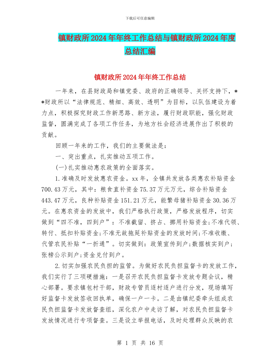 镇财政所2024年年终工作总结与镇财政所2024年度总结汇编_第1页