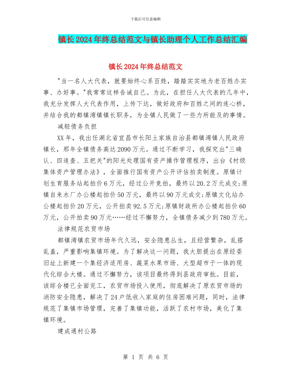 镇长2024年终总结范文与镇长助理个人工作总结汇编_第1页