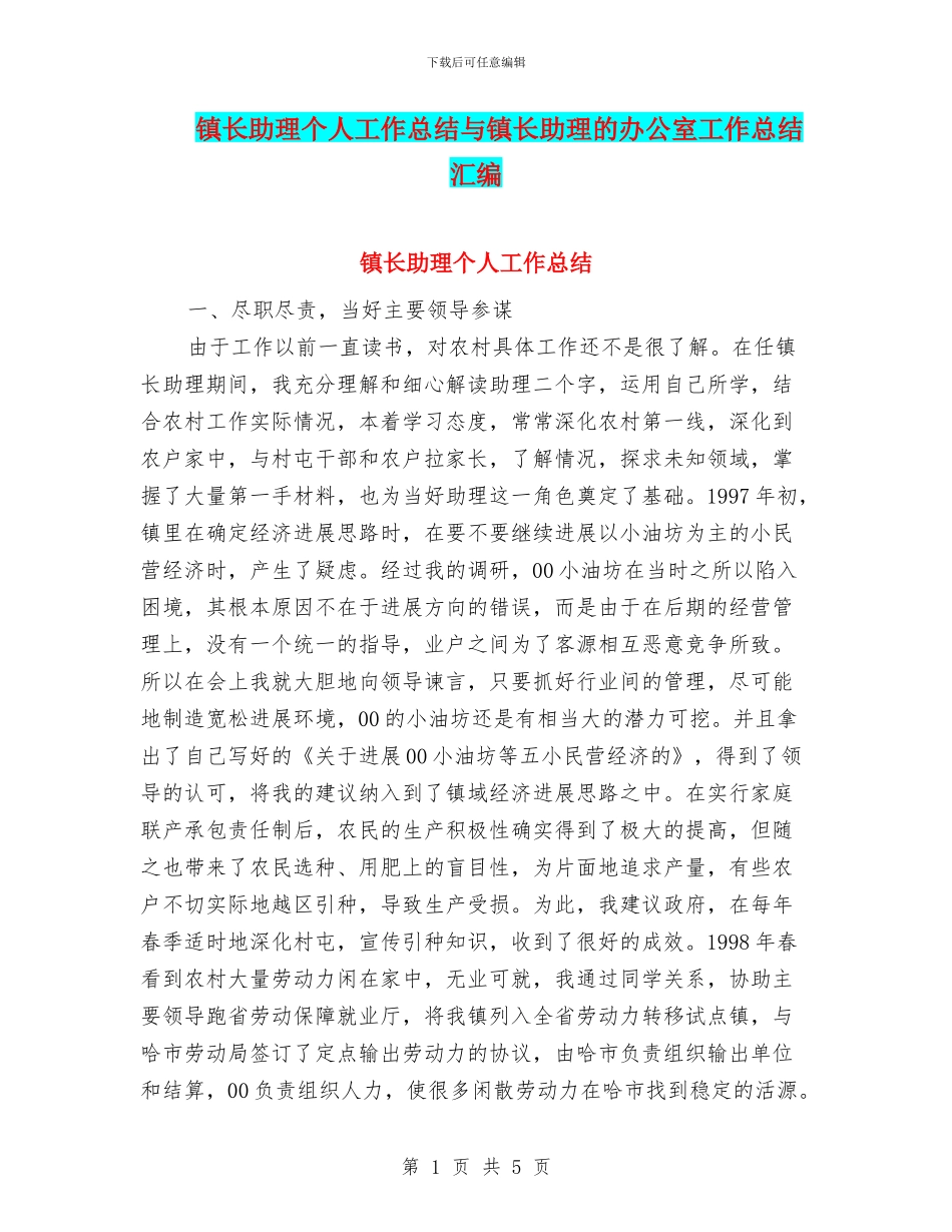 镇长助理个人工作总结与镇长助理的办公室工作总结汇编_第1页