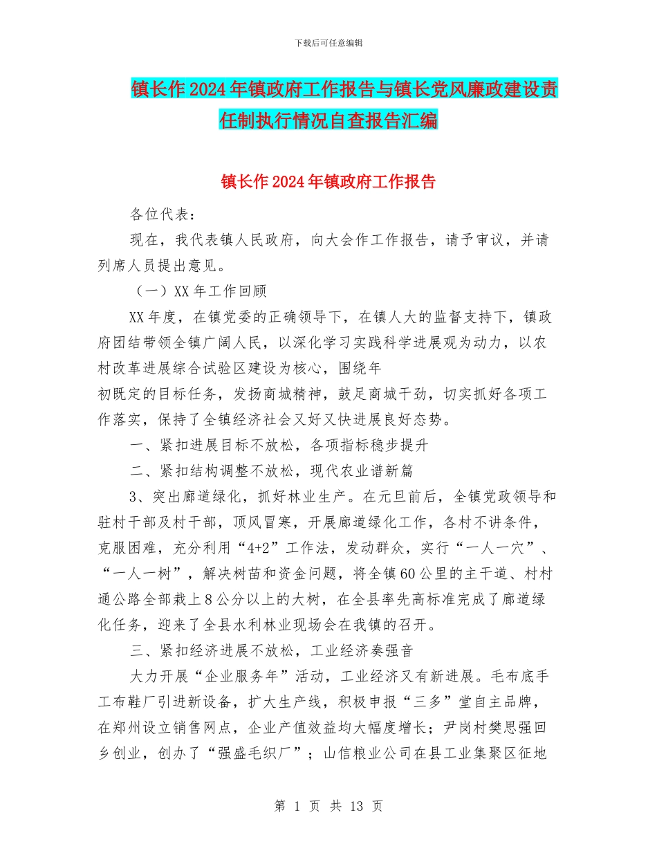 镇长作2024年镇政府工作报告与镇长党风廉政建设责任制执行情况自查报告汇编_第1页