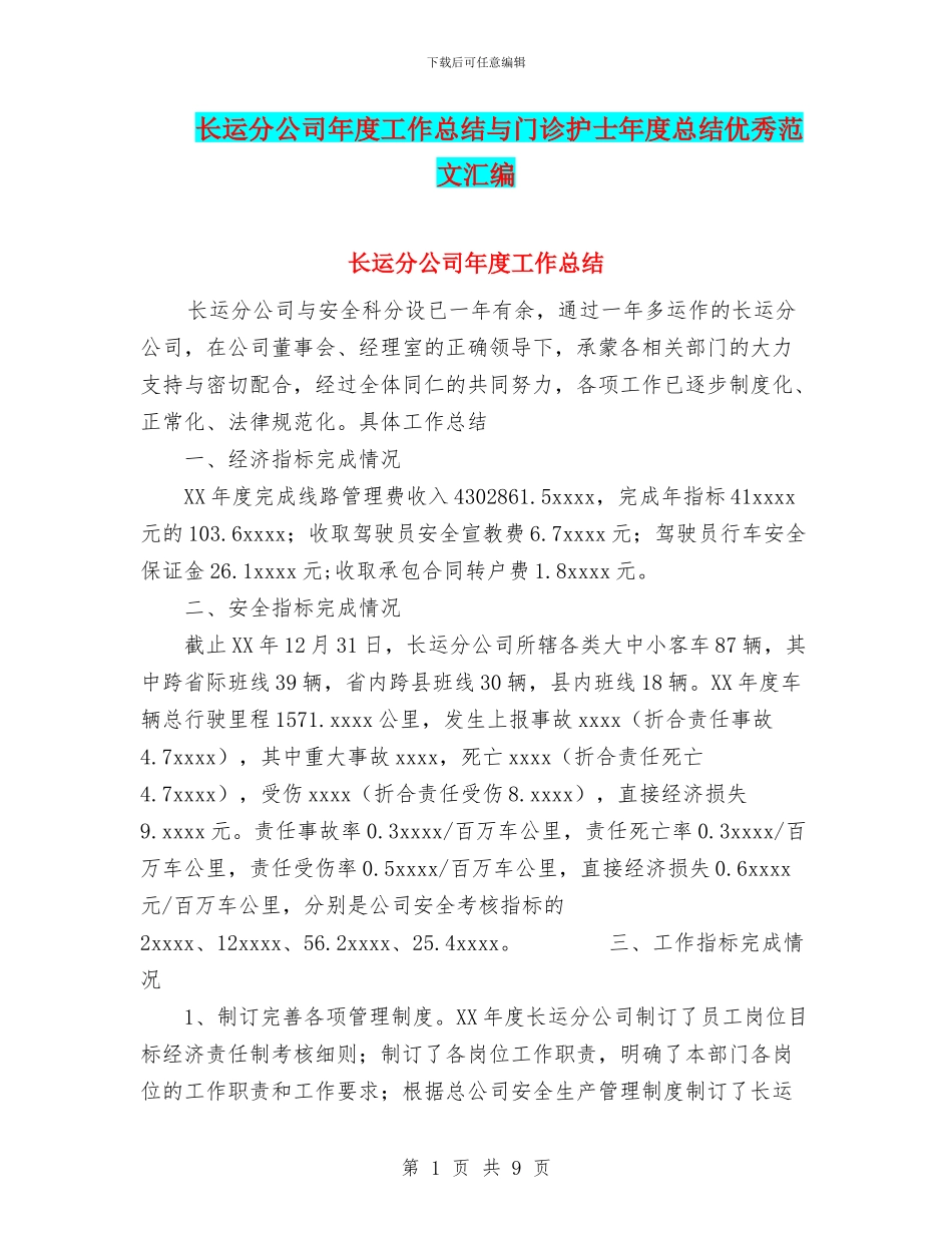 长运分公司年度工作总结与门诊护士年度总结优秀范文汇编_第1页