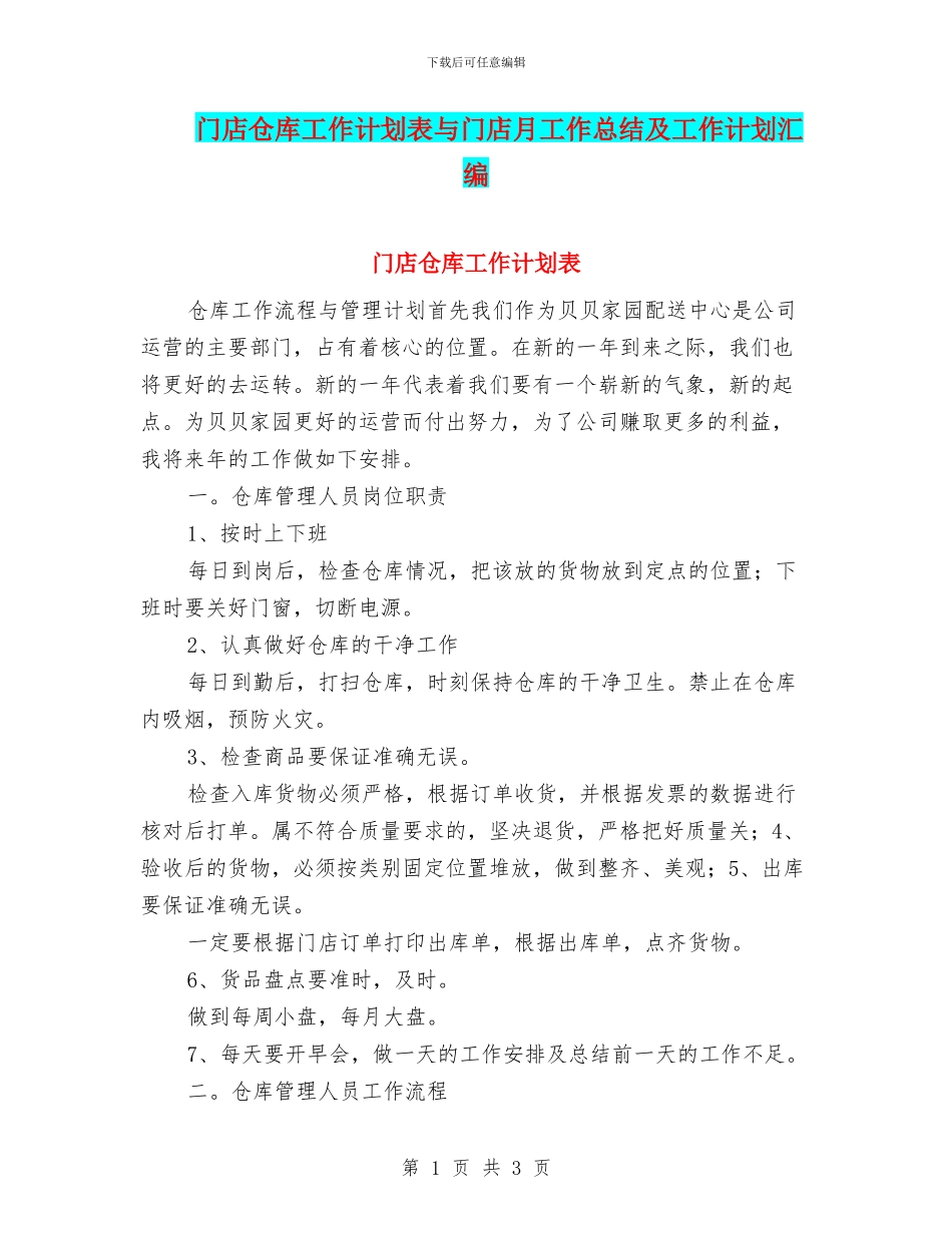 门店仓库工作计划表与门店月工作总结及工作计划汇编_第1页