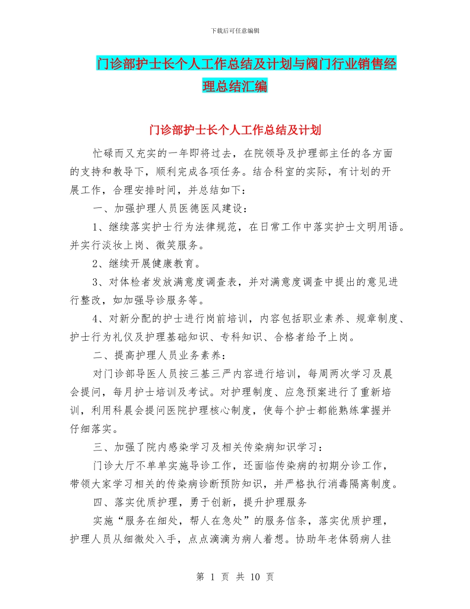 门诊部护士长个人工作总结及计划与阀门行业销售经理总结汇编_第1页