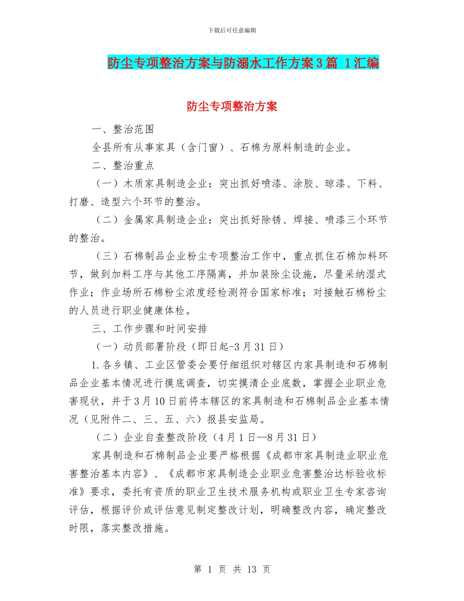 防尘专项整治方案与防溺水工作方案3篇_第1页