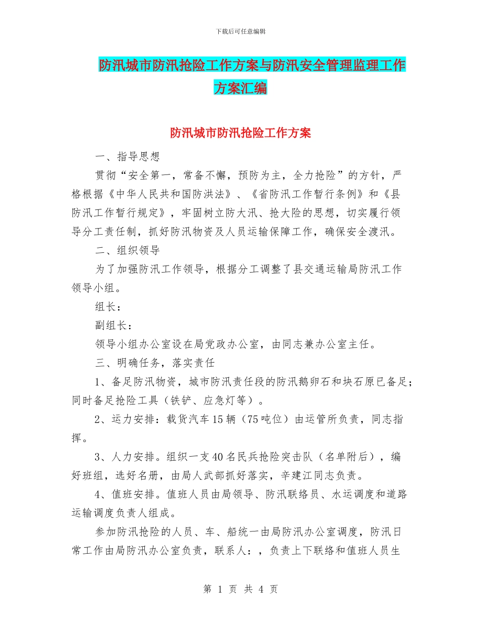 防汛城市防汛抢险工作方案与防汛安全管理监理工作方案汇编_第1页