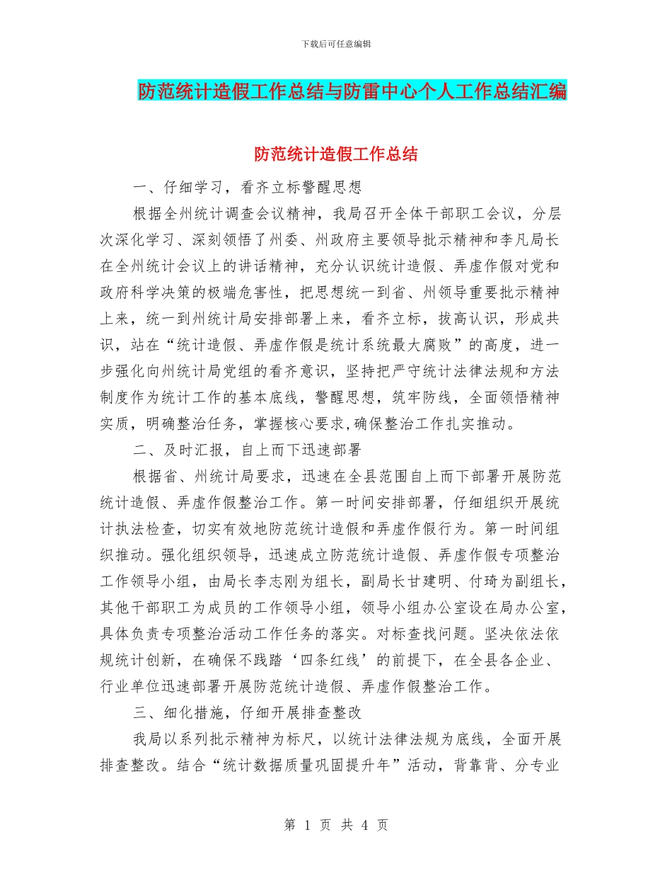 防范统计造假工作总结与防雷中心个人工作总结汇编_第1页