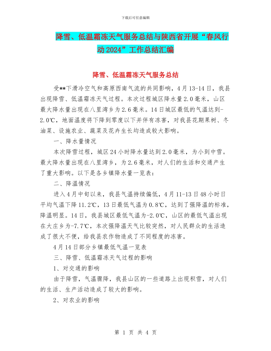 降雪、低温霜冻天气服务总结与陕西省开展“春风行动2024”工作总结汇编_第1页