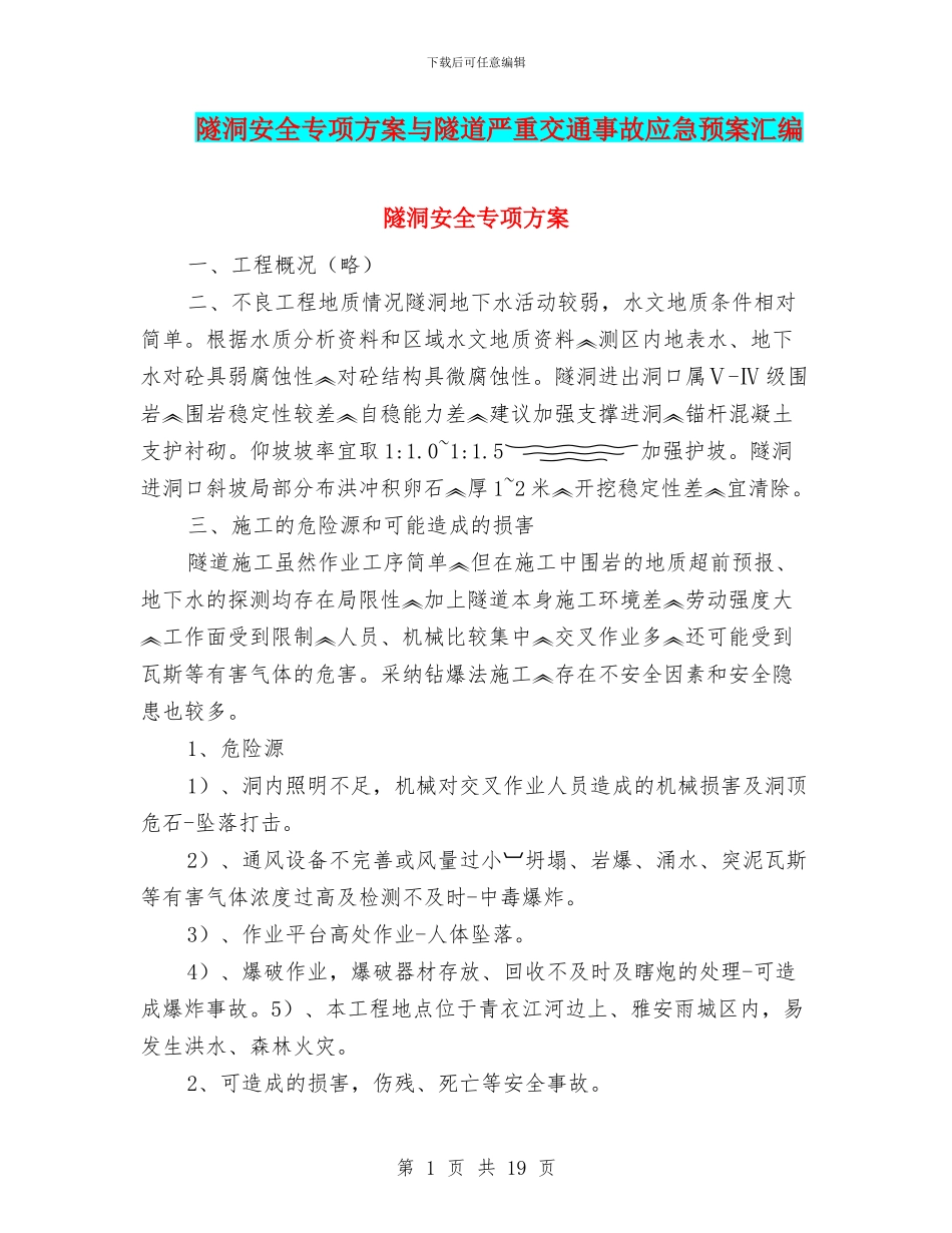 隧洞安全专项方案与隧道严重交通事故应急预案汇编_第1页