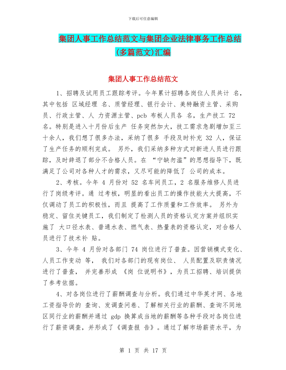 集团人事工作总结范文与集团企业法律事务工作总结汇编_第1页