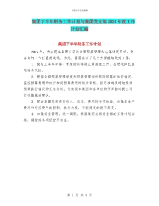 集团下半年财务工作计划与集团党支部2024年度工作计划汇编