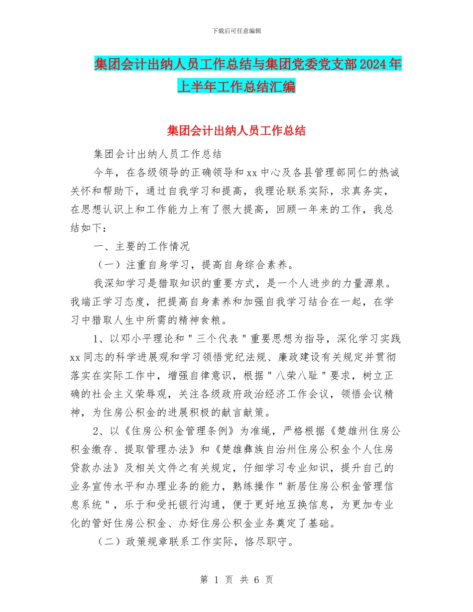 集团会计出纳人员工作总结与集团党委党支部2024年上半年工作总结汇编_第1页