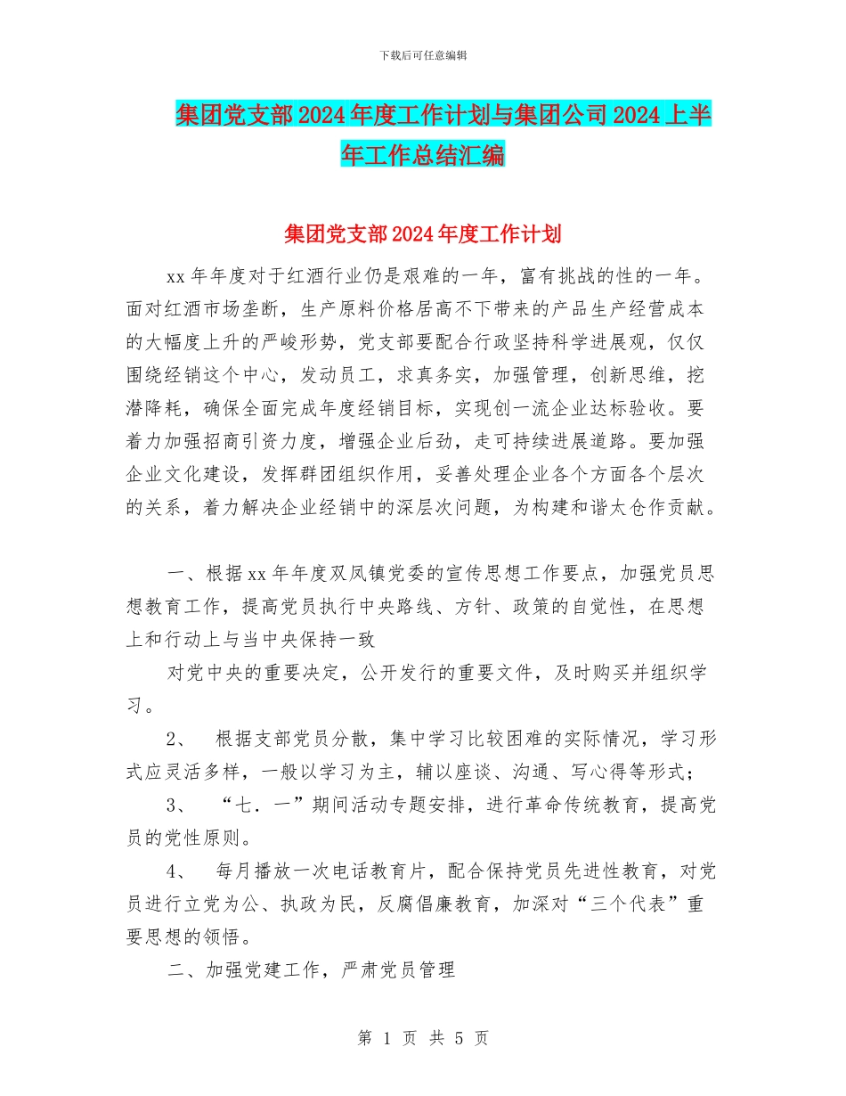 集团党支部2024年度工作计划与集团公司2024上半年工作总结汇编_第1页