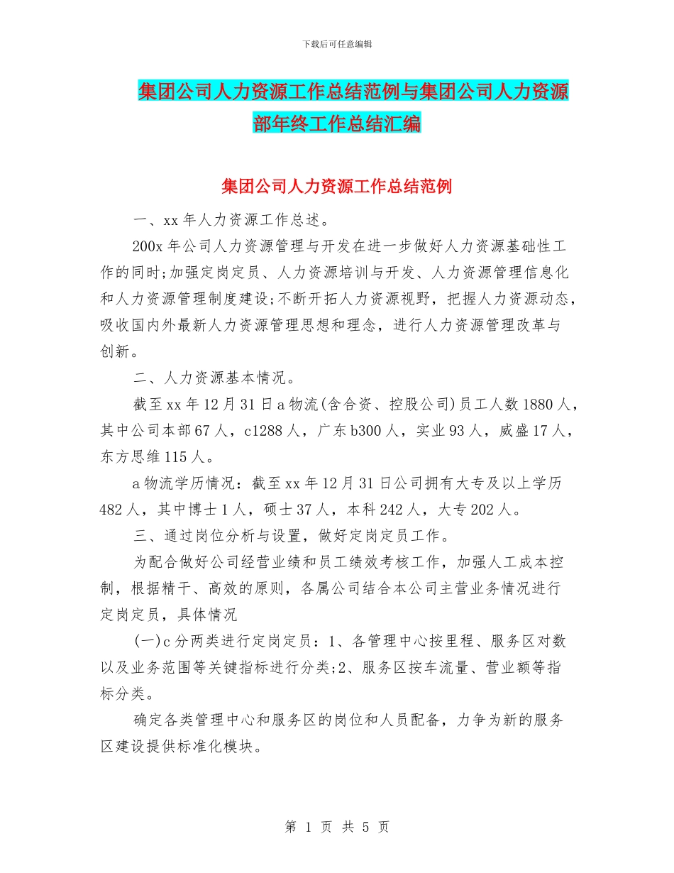 集团公司人力资源工作总结范例与集团公司人力资源部年终工作总结汇编_第1页