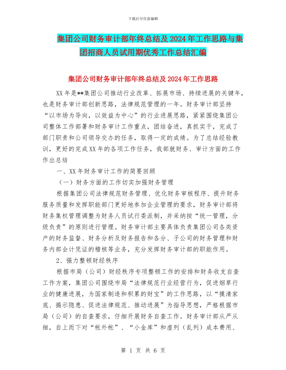 集团公司财务审计部年终总结及2024年工作思路与集团招商人员试用期优秀工作总结汇编_第1页
