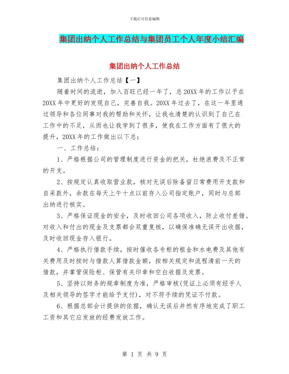 集团出纳个人工作总结与集团员工个人年度小结汇编_第1页