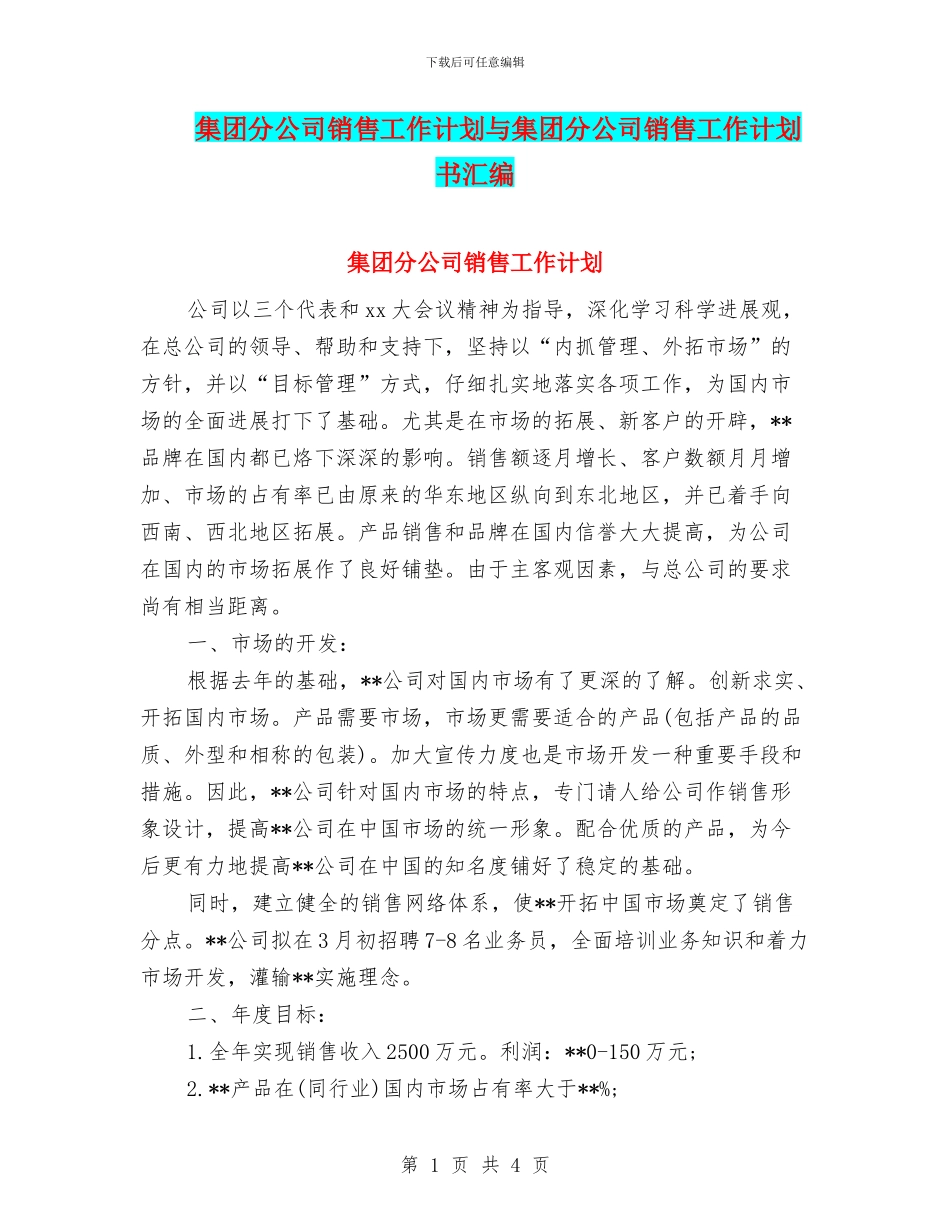 集团分公司销售工作计划与集团分公司销售工作计划书汇编_第1页