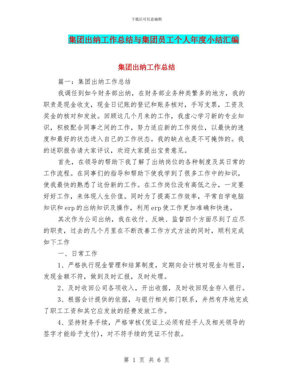 集团出纳工作总结与集团员工个人年度小结汇编_第1页