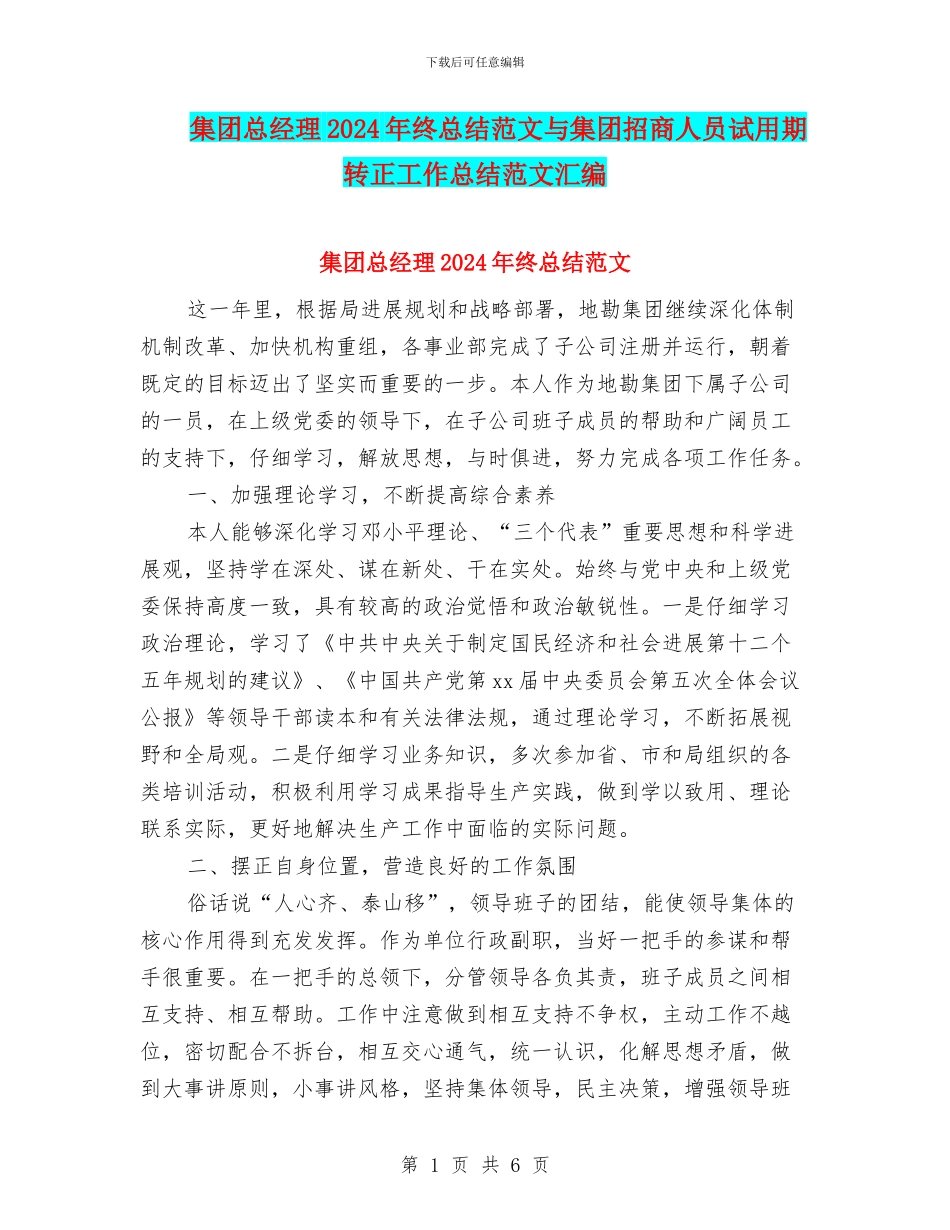 集团总经理2024年终总结范文与集团招商人员试用期转正工作总结范文汇编_第1页