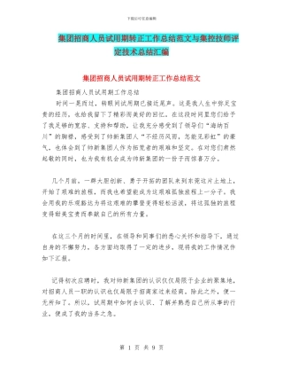 集团招商人员试用期转正工作总结范文与集控技师评定技术总结汇编