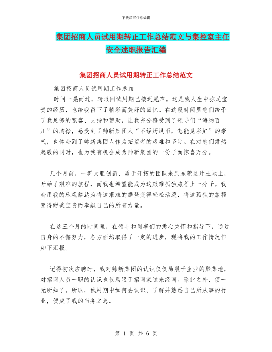 集团招商人员试用期转正工作总结范文与集控室主任安全述职报告汇编_第1页